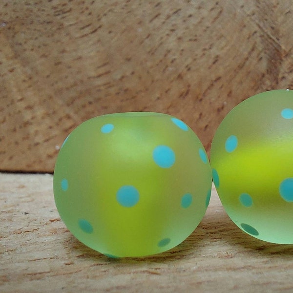 Etched uranium yellow and turquoise polkadot beads - lampwork beads - etched glass beads