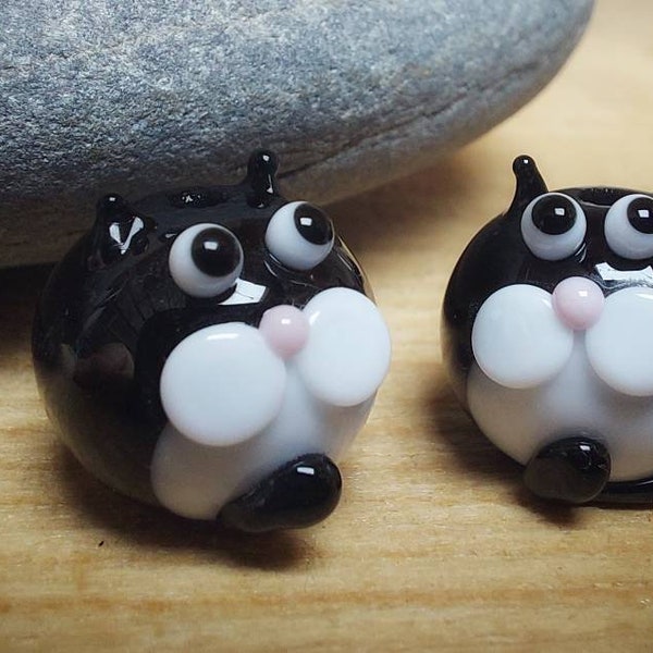 Tuxedo kitty Fatcat Bead Pair - Made To Order - lampwork glass beads - UKhandmade