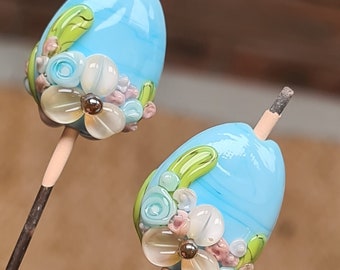 Floral Easter Egg Bead Pair - Lampwork Glass Beads - UKHandmade
