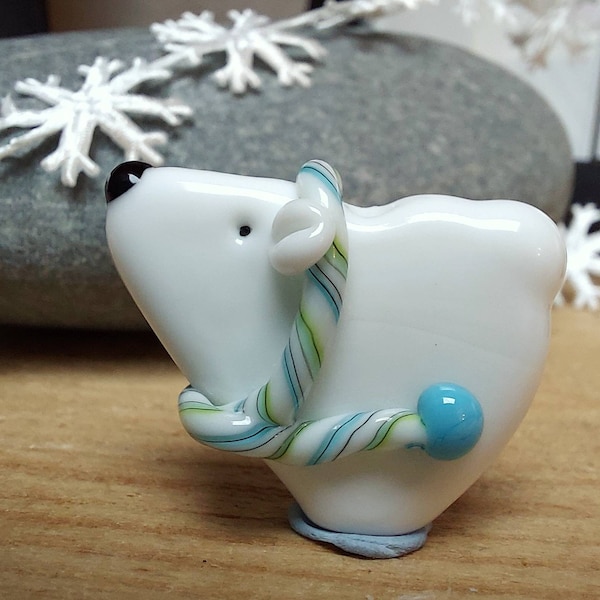 Cute Scarf Polar Bear -blue scarf- lampwork glass bead - christmas tree decoration