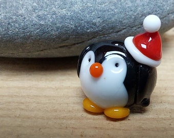 Cute Santa Hat penguin Bead Pair - lampwork glass bead - christmas tree decoration