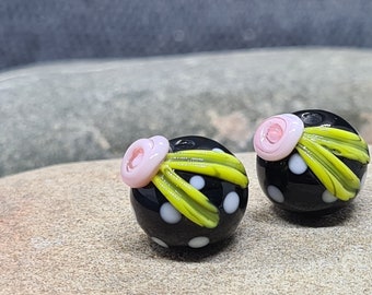 Floral earring pair of lampwork beads - Made To Order - SRA -