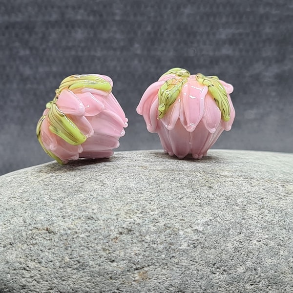 Clover Bead Pair -  Lampwork Glass Flower Beads - UK handmade