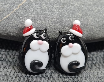 Cute Santa Hat Tall Kitty  Bead Pair  - lampwork glass bead - christmas tree decoration