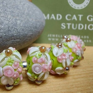 Lampwork Rondelle Bead Set: Green & Pink Floral, Handmade Jewelry Supplies