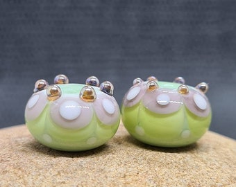 Pistachio and Purple crowned Fiesta Lampwork Bead Pair - Handmade glass bead - UK Handmade