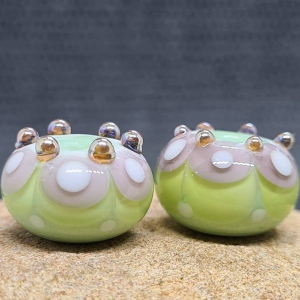 Pistachio Purple Crowned Lampwork Bead Pair - Handmade Glass