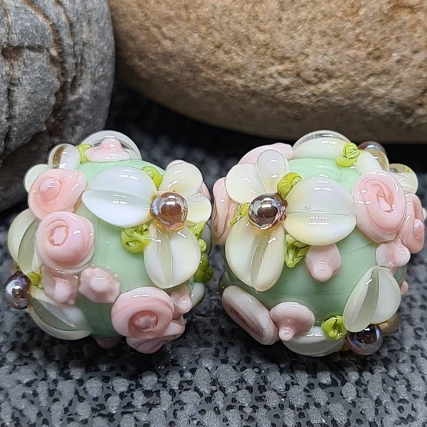 Bloomkeeper Baubles, Pistachio Floral Lampwork Bead Pair / Earring pair / Jewellery design / Jewelry supplies