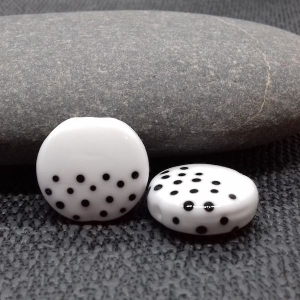 White polka dot lentil pair - handmade lampwork bead pair