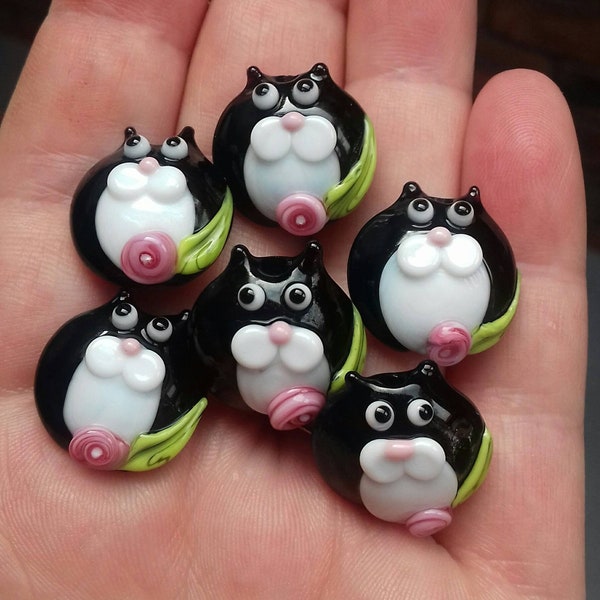 Tuxedo kitty Bead Pair - Su ordinazione - perline di vetro lampwork - UKhandmade