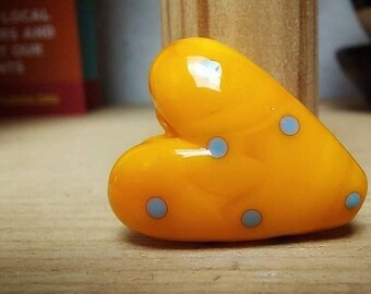 Deep Yellow and Turquoise Polkadot Heart Bead -  handmade lampwork glass heart bead