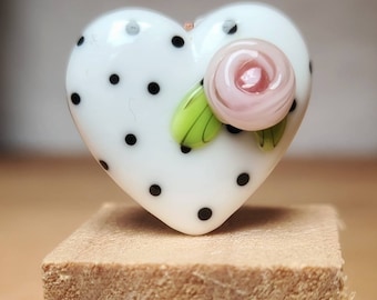 Polkadot Heart Bead -  handmade lampwork glass heart bead