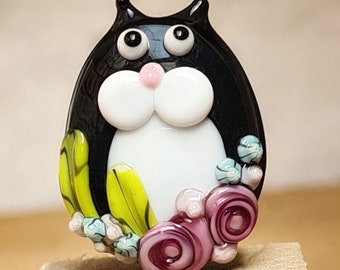 Tuxedo Kitty Tall Cat - lampwork glass beads - UKhandmade- Made To order