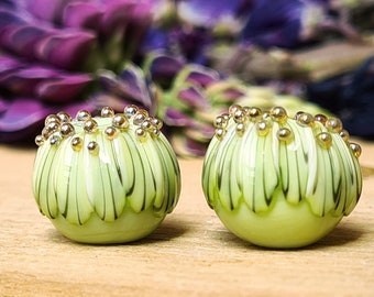 Green Ombre Floral Bead Pair - Lampwork Beads - UKhandmade