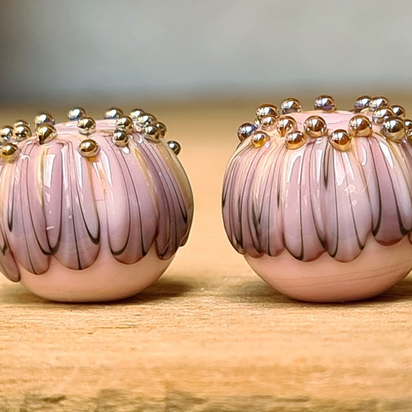 Pink Ombre Floral Bead Pair - Lampwork Beads - UKhandmade