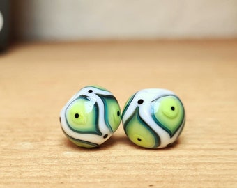 Green Paisley Lampwork Bead Pair - Handmade glass bead - UK Handmade