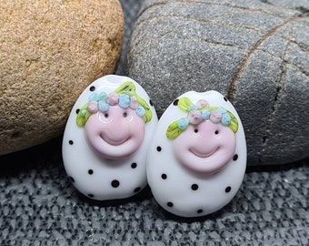 White Matryoshka Bead Pair - Lampwork Glass - Earring Beads