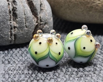 Spring Green Pods - Lampwork Bead Pair - Handmade glass bead - UK Handmade