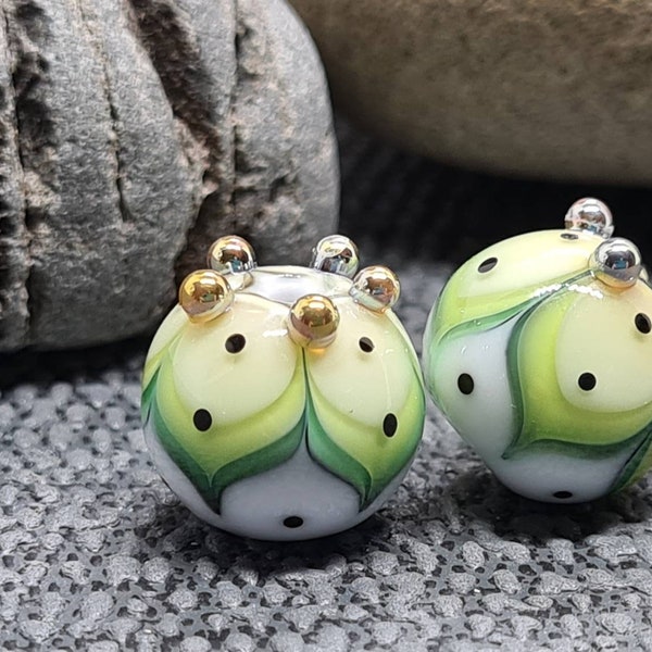 Spring Green Lampwork Bead Pair: Handmade Glass Pods