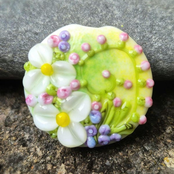 Woodland Whimsy – 26mm Lentil Lampwork Bead with Wildflower Detail