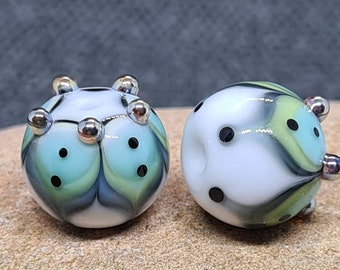 Teal Blue Pods - Lampwork Bead Pair - Handmade glass bead - UK Handmade