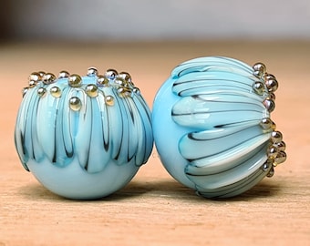 Blue Ombre Floral Bead Pair - Lampwork Beads - UKhandmade