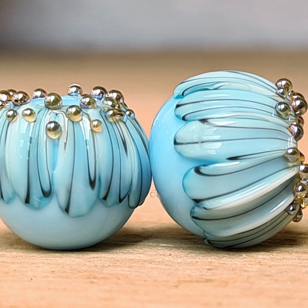 Blue Ombre Floral Bead Pair - Lampwork Beads - UKhandmade