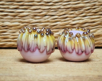 Pink Ombre Floral Bead Pair - Lampwork Beads - UKhandmade