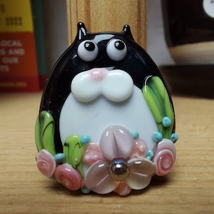 Tuxedo Floral Kitty Focal Bead- Made To Order - lampwork glass beads - UKhandmade
