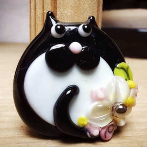 Tuxedo Floral Kitty Focal Bead- Made To Order - lampwork glass beads - UKhandmade