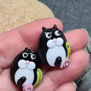 Tuxedo Kitty Tall Cat Bead Pair - Made To Order - lampwork glass beads - UKhandmade
