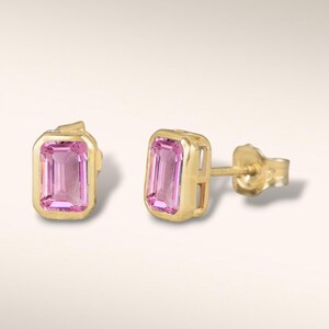 Natural Solitaire Pink Sapphire Octagon Cut Stud Earring, 18k gold Stud Earring, Bezel Set September Sapphire Birthstone Christmas Day Gift