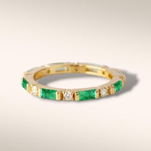 14k Yellow Gold Emerald Eternity Band: Baguette Diamond Stacking Ring