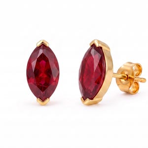Marquise Cut Natural Ruby Örhängen, 14K Guld Minimalistiska Röda Ädelstensörhängen, Elegant Juli Födelsesten Gåva till henne