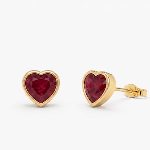 Natural Ruby Heart Stud Earrings in Gold, 7mm Bezel Set Pink Gemstone Studs, July Birthstone Jewelry, Romantic Anniversary Gift for Her