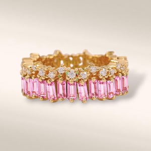 Pink Sapphire eternity band ring gold, 14k Solid Rose Gold Natural Pink Sapphire Diamond Zig Zag Ring, Diamond Wedding Ring, Gift for women.