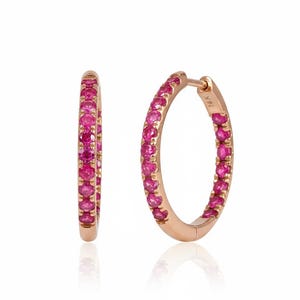 14k Gold Pink Ruby Huggie Hoop Earrings: Large Inside-Outside Design
