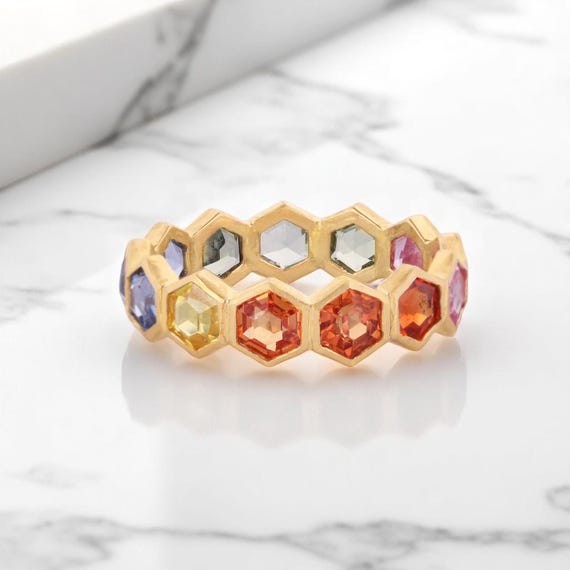 Solid 14k Gold Rainbow Sapphire Ring, Colorful Rainbow Sapphire