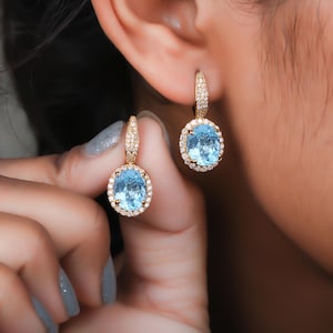 Natural Diamond Solid 14k Yellow Hoop Earring, Aquamarine Drop Gold Earring, Bridal Halo Earrings, March Birthstone Gift, Bridesmaid Gift.
