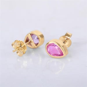 5*7mm Pear Pink Sapphire Stud, 14k Gold Bezel Set Earring, Solitaire Studs Earring, Anniversary Fine Jewelry, Minimalist Pink Studs Earring