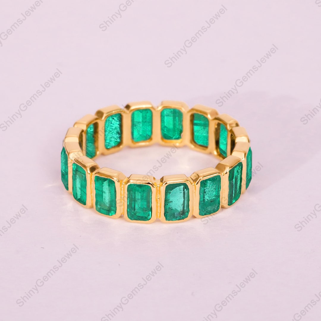 14k Solid Gold Emerald Eternity Band • Octagon Cut Natural Emerald ...