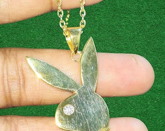 Pendentif lapin Playboy, imitation de diamant, argent sterling plaqué or jaune 14 carats