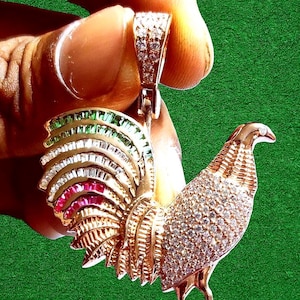 2Ct Round Simulated Diamond Rose Gold Finish Rooster Necklace, Gold Plated Rooster Necklace, Gallo Necklace, Rooster with Mexican Flag