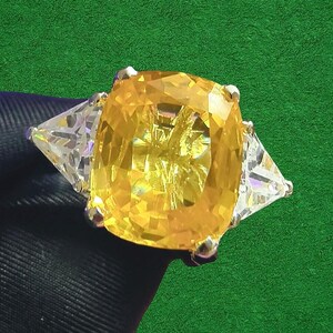 Cushion Cut Simulated Citrine Ring: Trillion Accents, 14K White Gold Plated 925 Silver