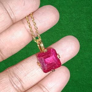 Asscher Cut Simulated Pink Ruby Solitaire Pendant 14k Yellow Gold Finish 925 Sterling Silver For Birthday Gift