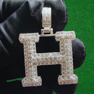 Custom &quot;H&quot; Letter Pendant, Round Cut Simulated Diamond Pendant 14K White Gold Finish. Hip Hop Pendant, 925 Sterling Silver, Gift Birthday