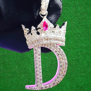 Diamond Custom Crown Letter Pendant Round Cut Simulated Diamond pendant 14K White Gold Plated Custom Any Letter Pendant, Hip Hop Pendant