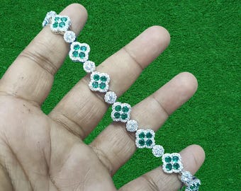 Emerald & Diamond Tennis Bracelet: 14K White Gold Plated Sterling Silver