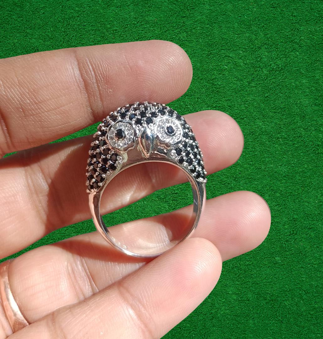 Round Cut Simulated Black Diamond Owl Wedding Engagement Ring 14K White Gold Plated 925 Sterling Sil