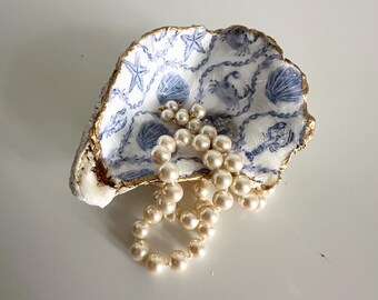Hand Decorated Oyster Shell Dish | Floral Pearl Ring Holder, Gold Edge Coastal Decor